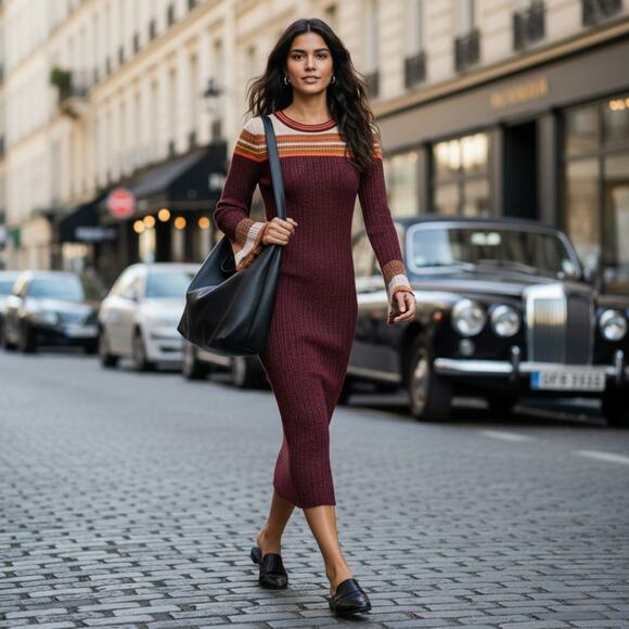 Zara Ribbed Knit Shimmer Sweater Dress Metallic Bell Sleeves Long Burgundy Large - Picture 1 of 12